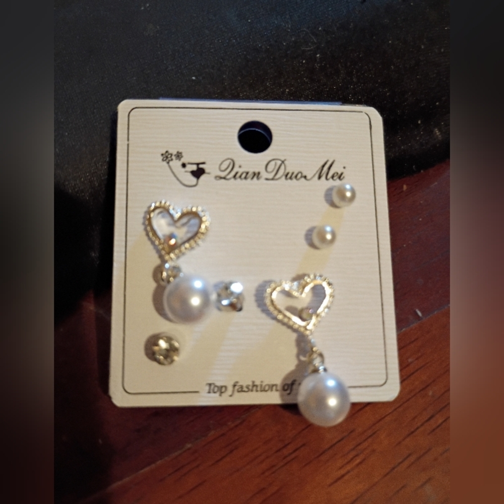 Heart Pearl Drop Earrings Set Of 3 NIP